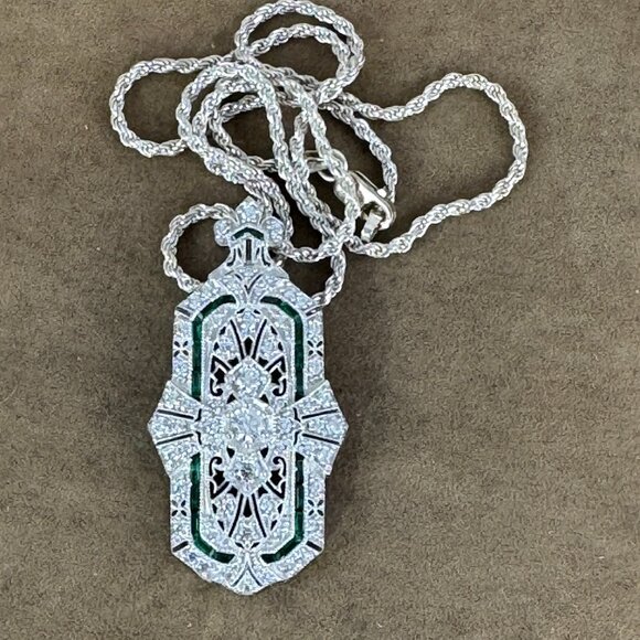 Roaring 20's Art Deco Reto Sterling Silver Lab Created Diamond & Emerald Pendant - Picture 4 of 13